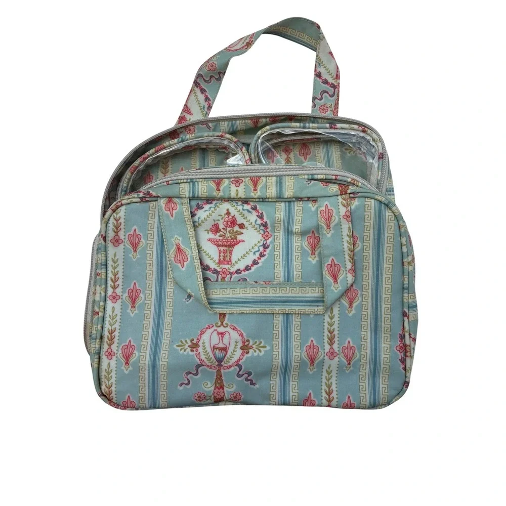 Vintage Style Floral Urn Stripe Travel Toiletry Bag Organizer Blue Pink
